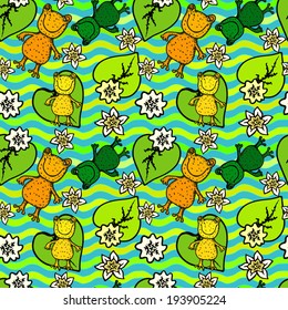 frogs and flowers on the waves seamless pattern