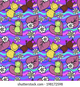 frogs and flowers on the waves seamless pattern 