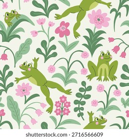 Frogs and flowers seamless pattern. Cute animal fabric design in anime style. Botanical repeat texture. 