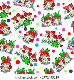 Frogs and fly agaric seamless pattern. Bright red mushrooms fly agaric and green frogs. Vector illustration. Rich color image for printing on fabric, paper, etc. EPS