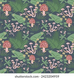 Frogs in the forest seamless pattern
