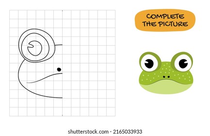 The frog's head  Copy the symmetrical pattern across the cells  Drawing task for children grid  educational vector illustration  The page the coloring book and color sample 