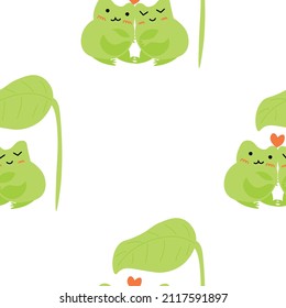 Frogs with hearts. Enamored green toads. Vector animal characters seamless pattern of amphibian toad drawing.Childish design for baby clothes, bedding, textiles, print, wallpaper.