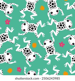 Frogs Hopping with Flowers Vector Seamless Pattern