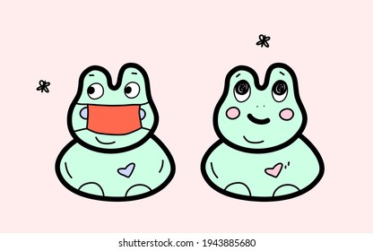 Frogs illustration with mask and without mask