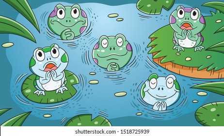 frogs in the jungle pond. for Aesop's fables.The frogs who desired a king story. aspect ratio 16:9