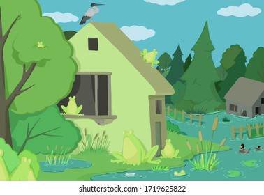 Frogs landscape scene after rain, strange humorous vector cartoon color illustration, horizontal
