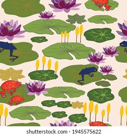 Frogs, lilies, and lily pads in a pond. Designed in seamless repeat pattern, ready to be print on fabric or wrapping paper. Ideals for children's bedroom products or decors