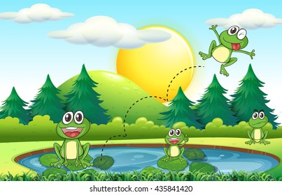 Frogs living by the pond illustration