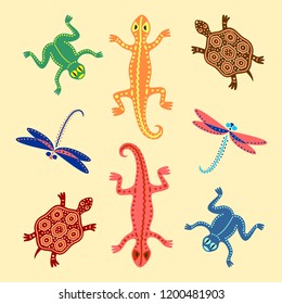 Frogs, lizards, turtles and dragonflies. Based on African motifs