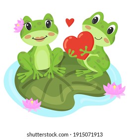 Frogs in love. Cute frogs sit on a green leaf of a water lily. One frog holds a red heart. Happy valentine's day. 14 february. Vector illustration.