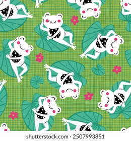 Frogs Lying on Lily Pads Vector Seamless Pattern