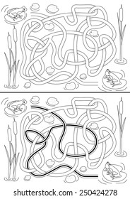 Frogs maze for kids with a solution in black and white