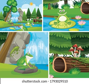 Frogs In Nature Background Set Illustration