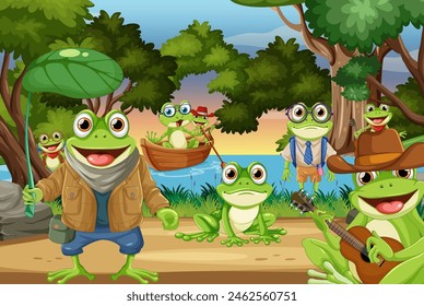 Frogs in nature, playing and relaxing together