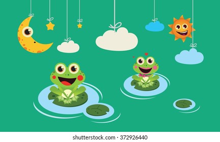 Frogs night and day Cute Vector Child illustration with frogs night and day