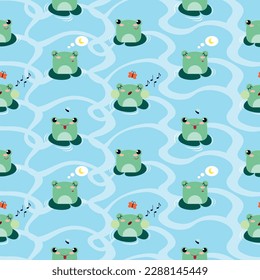 Frogs on water lilies seamless pattern