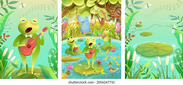 Frogs and other pond animals concert on the lake. frog playing guitar and singing song. Collection of swamp animals and nature background, fantasy illustration for children in watercolor style.