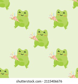 Frogs with party popper with serpantin. Enamored green toads. Vector animal characters seamless pattern of amphibian toad drawing.Childish design for baby clothes, bedding, textiles.