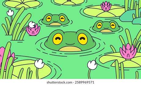 Frogs peeking above the water amidst lily pads and flowers cartoon hand drawn illustration vector cute