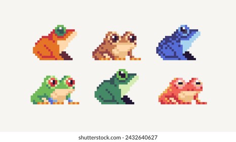 Frogs pixel art set. Toad collection. 8 bit. Game development, mobile app. Isolated vector illustration. Cross stitch pattern.