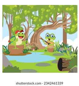 Frogs playing guitar in the jungle illustration vector on white background
