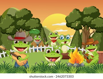 Frogs playing music around a campfire
