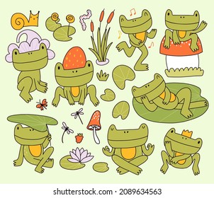 Frogs in the pond set. Cute cartoon doodle toads, flowers, water lilies, dragonflies. Funny characters for stickers, kids wearing, other trendy designs.