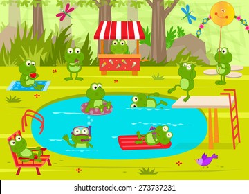 Frogs Pool Party - Cute frogs are having fun at the pool. Eps10