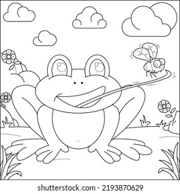 Frogs prey on insects suitable for children's coloring page vector illustration
