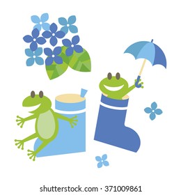 Frogs and rain boots with hydrangea