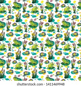 Frogs, Reed and Water Lily Pattern Vector Pattern