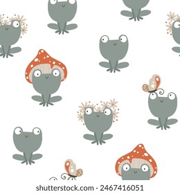 Frogs seamless pattern. Cute cartoon characters in a toadstool mushroom hat with flowers wreath with butterfly in simple hand drawn style. The limited vintage palette is ideal for baby prints, fabric