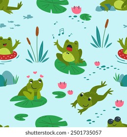 Patrón sin fisuras de ranas. Lindos sapos de dibujos animados y plantas de pantano. Diseño de la impresión para la tela de los niños, envoltura, Fondo de pantalla. Fondo de Vector elegante vibrante