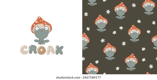 Frogs seamless pattern and print. Cute cartoon characters in a toadstool mushroom hat with flowers wreath in simple hand drawn style. The limited vintage palette is ideal for baby prints, fabrics