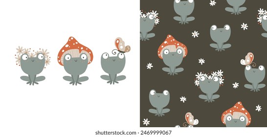 Frogs seamless pattern and print. Cute cartoon characters in a toadstool mushroom hat with flowers wreath with butterfly in simple hand drawn style. The limited vintage palette