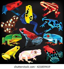 Frogs set colorful low poly designs isolated on dark background. Vector animals illustration.