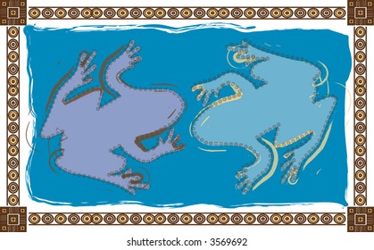 Frogs in simple aboriginal style drawing with african border i this vector illustration.