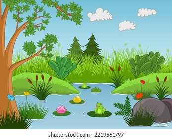 Frogs sing in a pool with beautiful views in the background. Vector illustration with cartoon style.