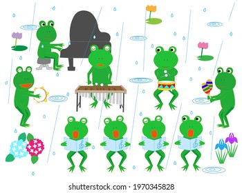 The frogs are singing and playing happily.