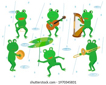 The frogs are singing and playing happily.