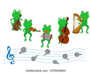 The frogs are singing and playing happily.