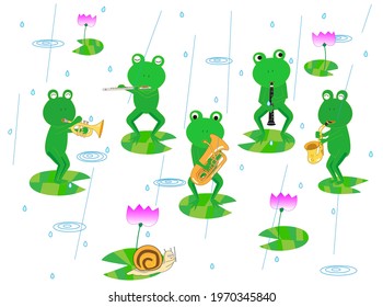 The frogs are singing and playing happily.