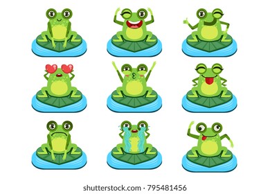Frogs Sitting On Leaf Characters Set
