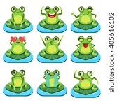 Frogs Sitting On Leaf  Flat Vector Icons Collection In Cute Girly Style Isolated On White Background
