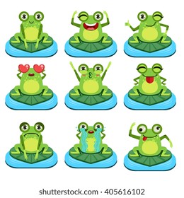 Frogs Sitting On Leaf  Flat Vector Icons Collection In Cute Girly Style Isolated On White Background