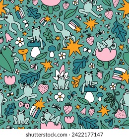 Frogs in the strawberry garden with stars and flowers, cute cartoon characters, vector seamless pattern illustration