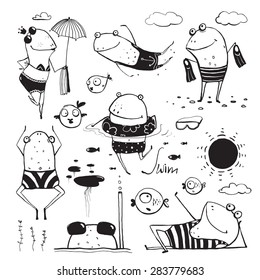 Frogs Summer Swimming Drawing Collection. Fun childish hand drawn inky one color outline illustration for kids.