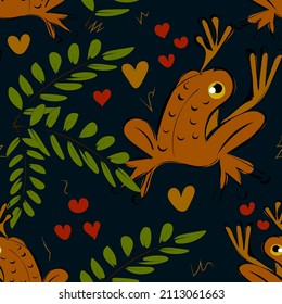 frogs in the swamp. isolated seamless pattern. Hand drawn wallpaper botanical print. vector illustration.