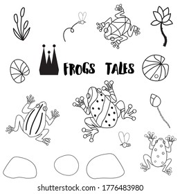 Frogs tales set. 15 vector elements. Black and white isolated images on white background.